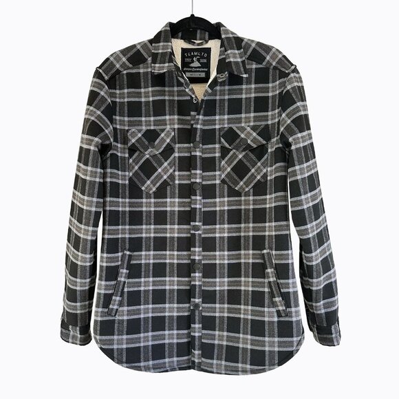 TeamLTD Mens Sherpa Lumberjacket Shacket SzM Flannel Plaid Cotton Workwear Chore - Picture 3 of 10